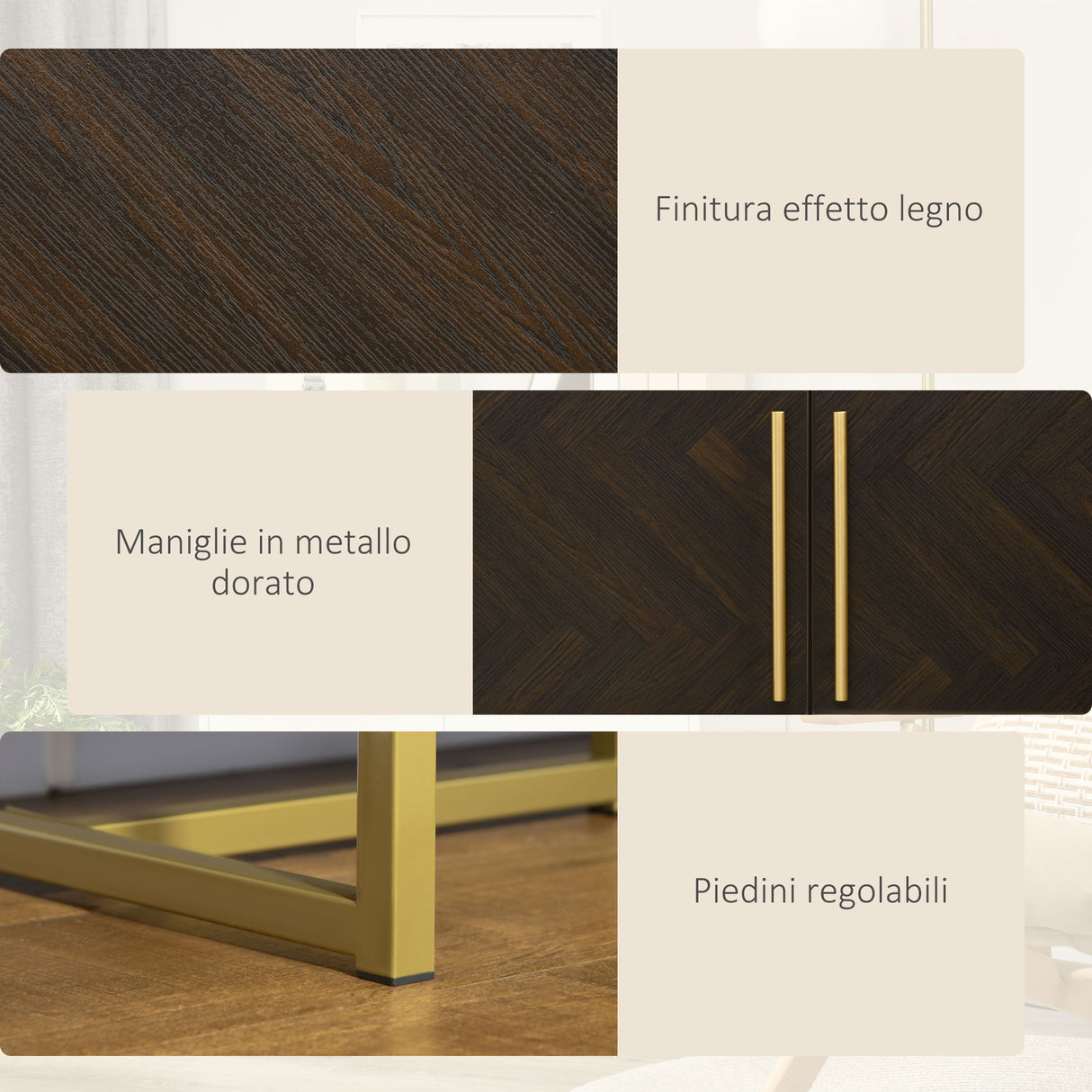 easycomfort easycomfort mobile porta tv fino a 55 con 2 armadietti in legno e metallo 120x39x50 cm marrone e oro