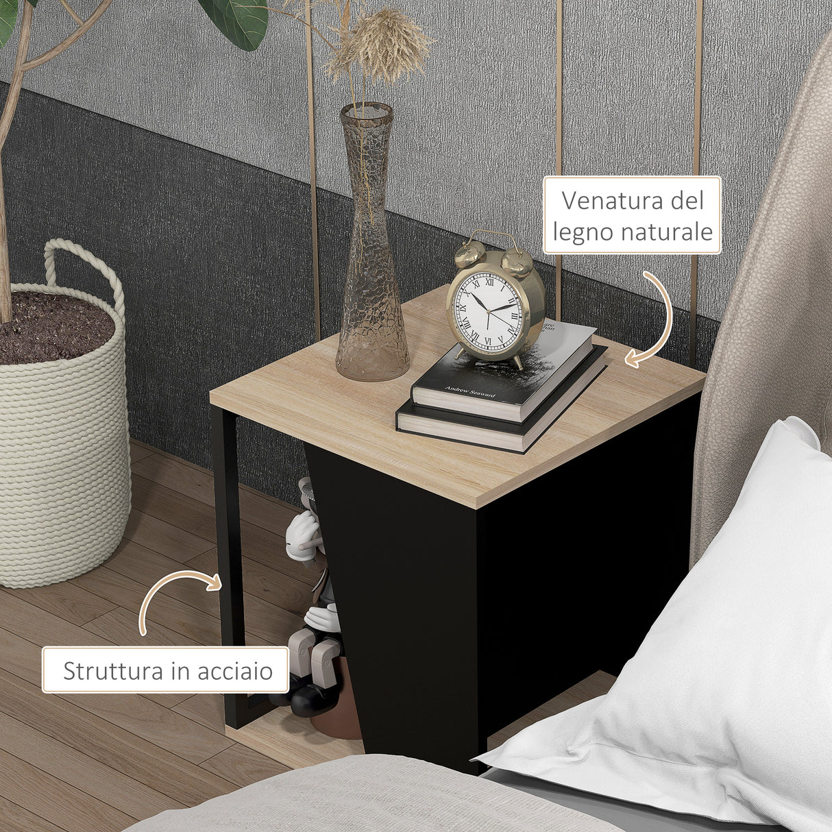 easycomfort easycomfort set da 2 tavolini da caffe con vano porta oggetti in truciolato e acciaio 40x40x45cm nero e quercia