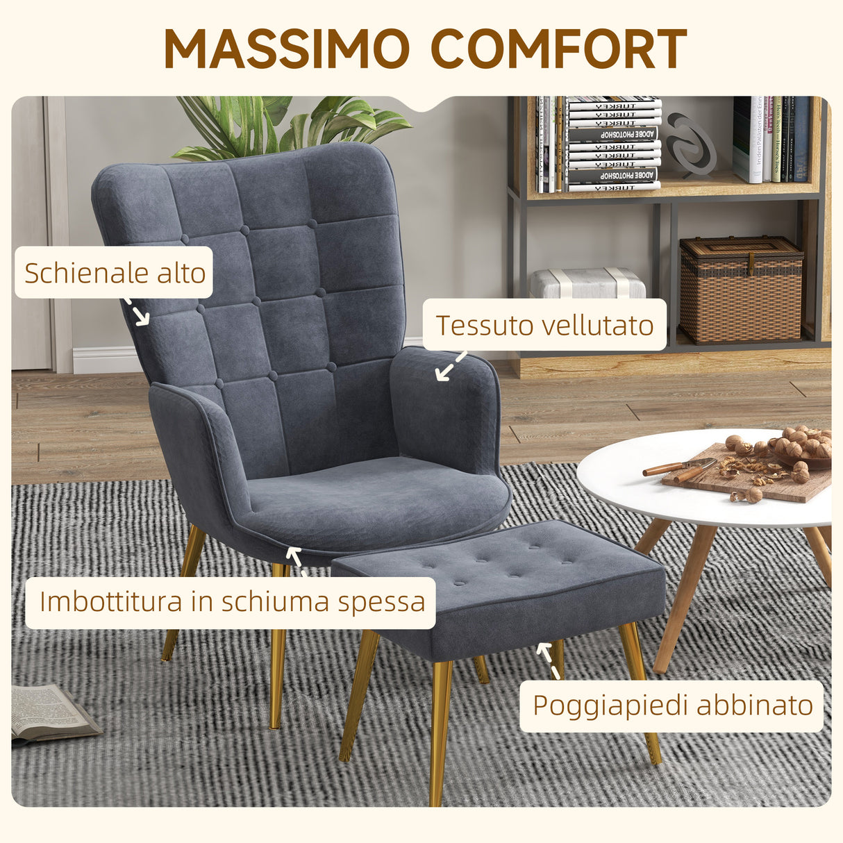 easycomfort easycomfort poltrona moderna con pouf poggiapiedi set vellutato e imbottito con gambe dorate grigio