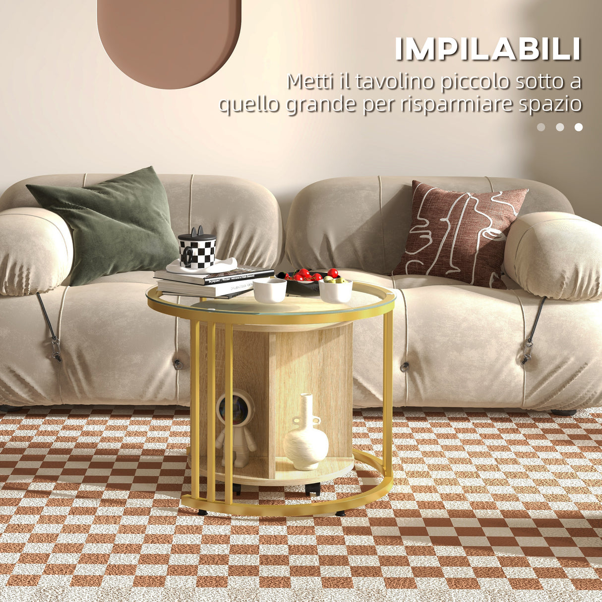 easycomfort easycomfort set 2 tavolini da salotto rotondi con design impilabile 4 ripiani inferiori e 4 ruote oro e rovere
