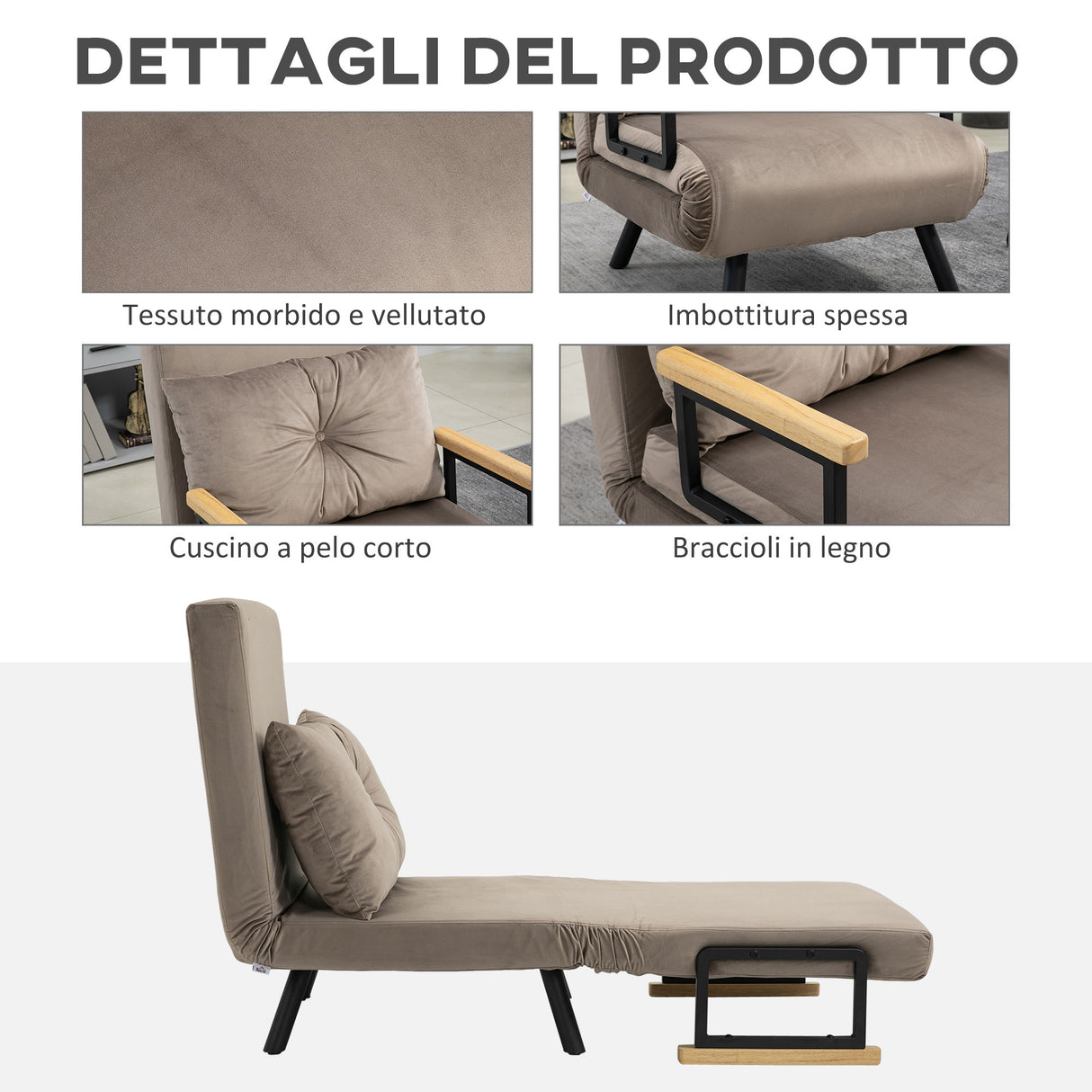 easycomfort easycomfort poltrona letto imbottita 3 in 1 con schienale reclinabile in 5 posizioni e cuscino 63x73x81 cm grigio