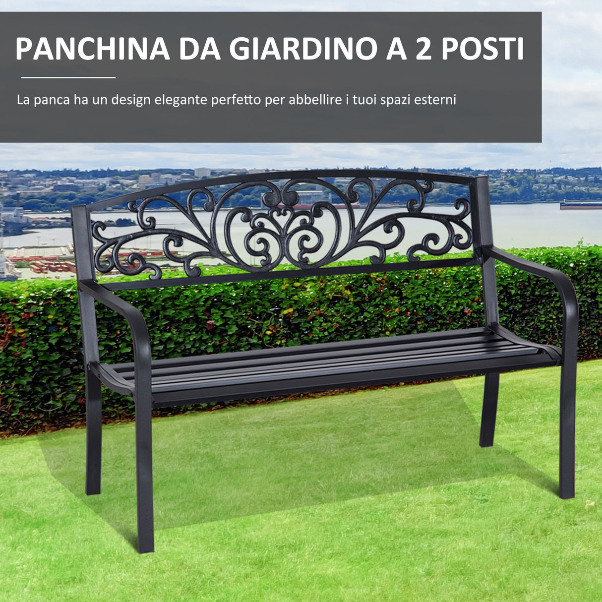 easycomfort panchina da giardino in metallo con schienale decorato 127x60x87cm nero 33185