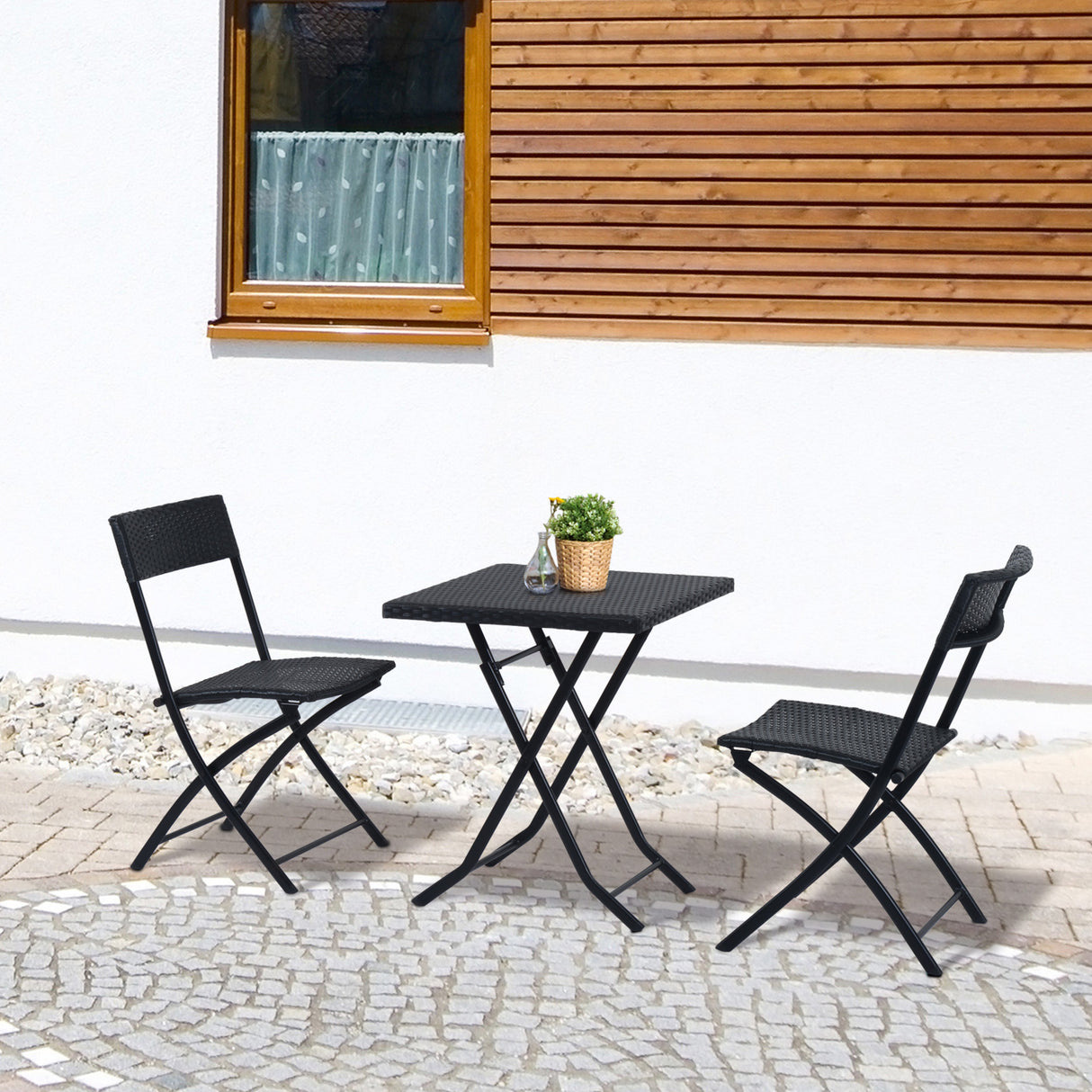 easycomfort easycomfort mobili da giardino in rattan set 1 tavolino e 2 sedie da giardino pieghevoli 3pz nero