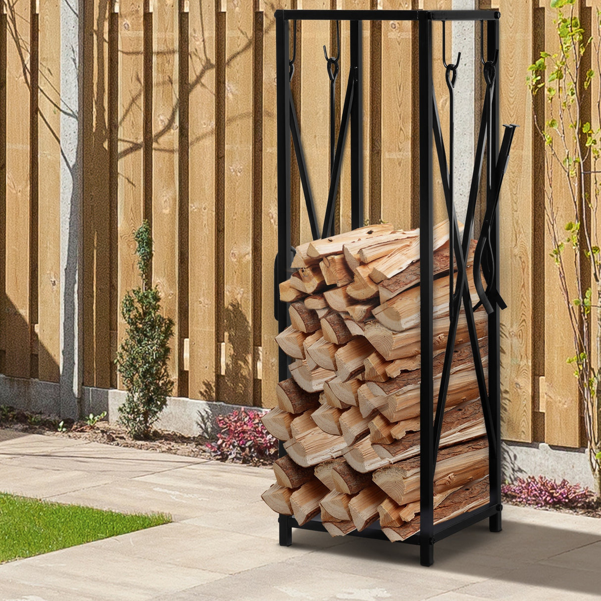 easycomfort portalegna da interno ed esterno salvaspazio in metallo con paletta scopino attizzatoio e pinza 34x34x111cm nero