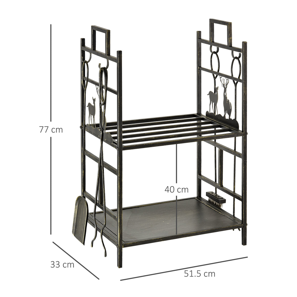 easycomfort portalegna in ferro battuto con attrezzi per camino e manici base porta legna rialzata e decori 51.5x33x77cm nero