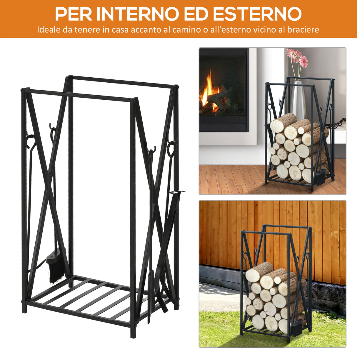 easycomfort portalegna da interno ed esterno in acciaio porta legna per camino con attizzatoio paletta scopino pinza 46x30x76cm nero