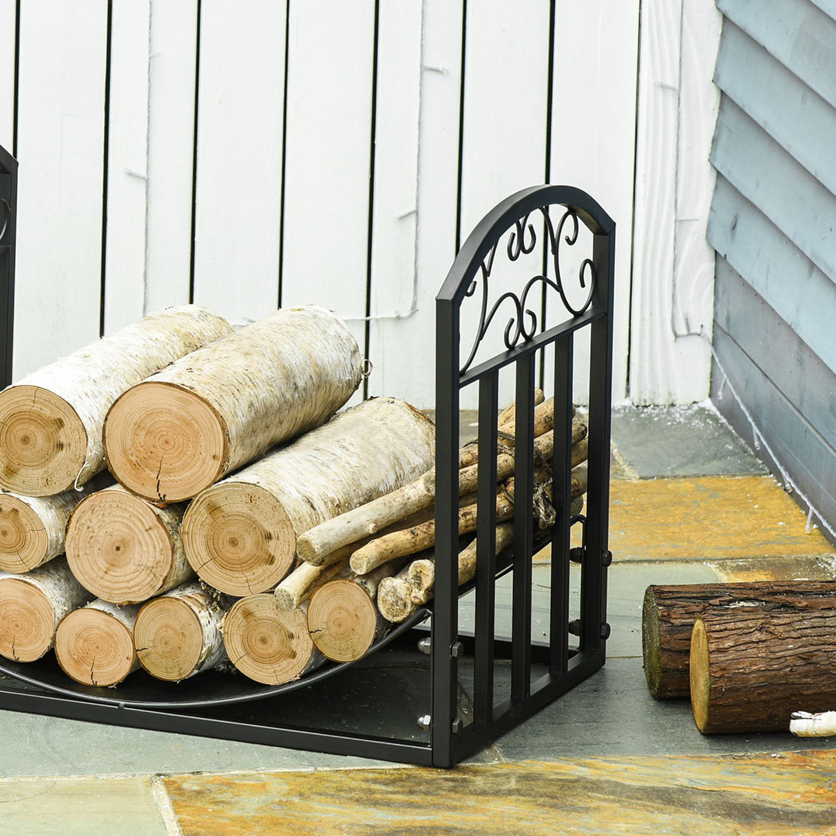 easycomfort portalegna da interno ed esterno in metallo con ripiano curvo fino 60kg di legna nero