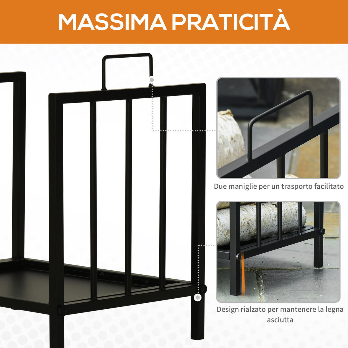easycomfort portalegna da interno ed esterno in metallo con 2 manici e base rialzata per 50kg di legna nero