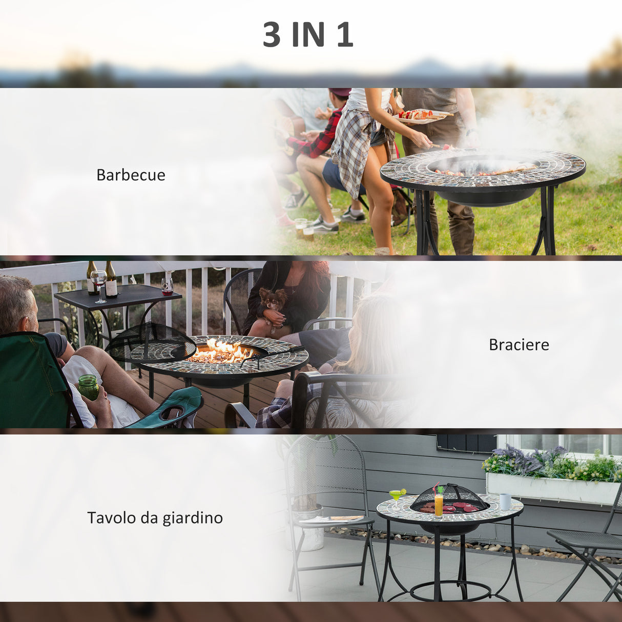 easycomfort braciere da esterno 3 in 1 con tavolino griglia per barbecue e attizzatoio metallo e ceramica 75x75x60cm