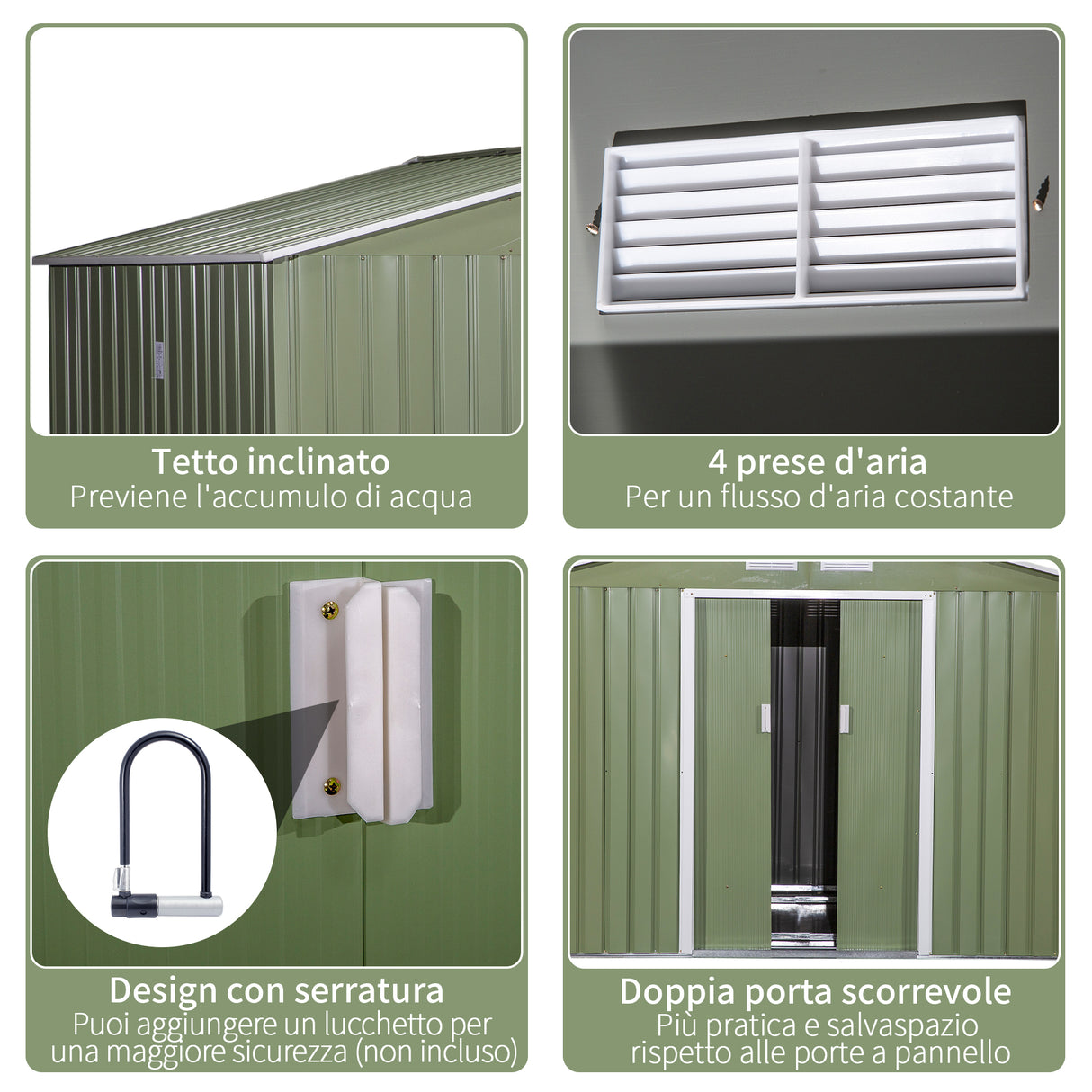 easycomfort casetta da giardino con 2 porte scorrevoli e 4 prese d aria in acciaio e pp 277x195x192cm verde chiaro