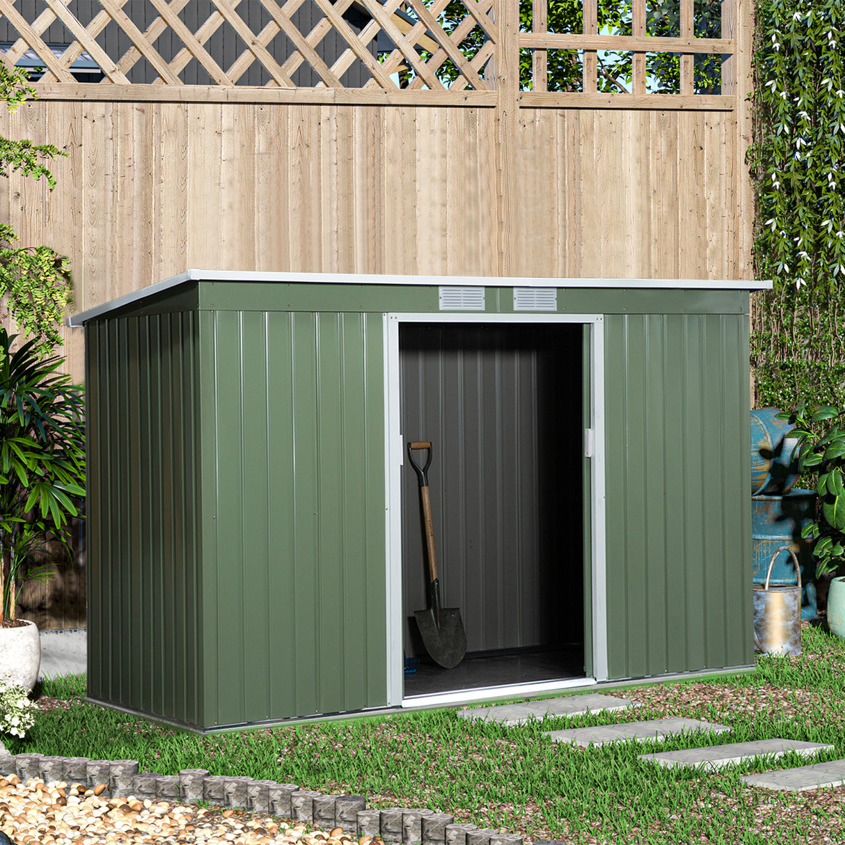 easycomfort casetta da giardino porta utensili in lamiera di acciaio con porte scorrevoli 280x130x172cm verde chiaro