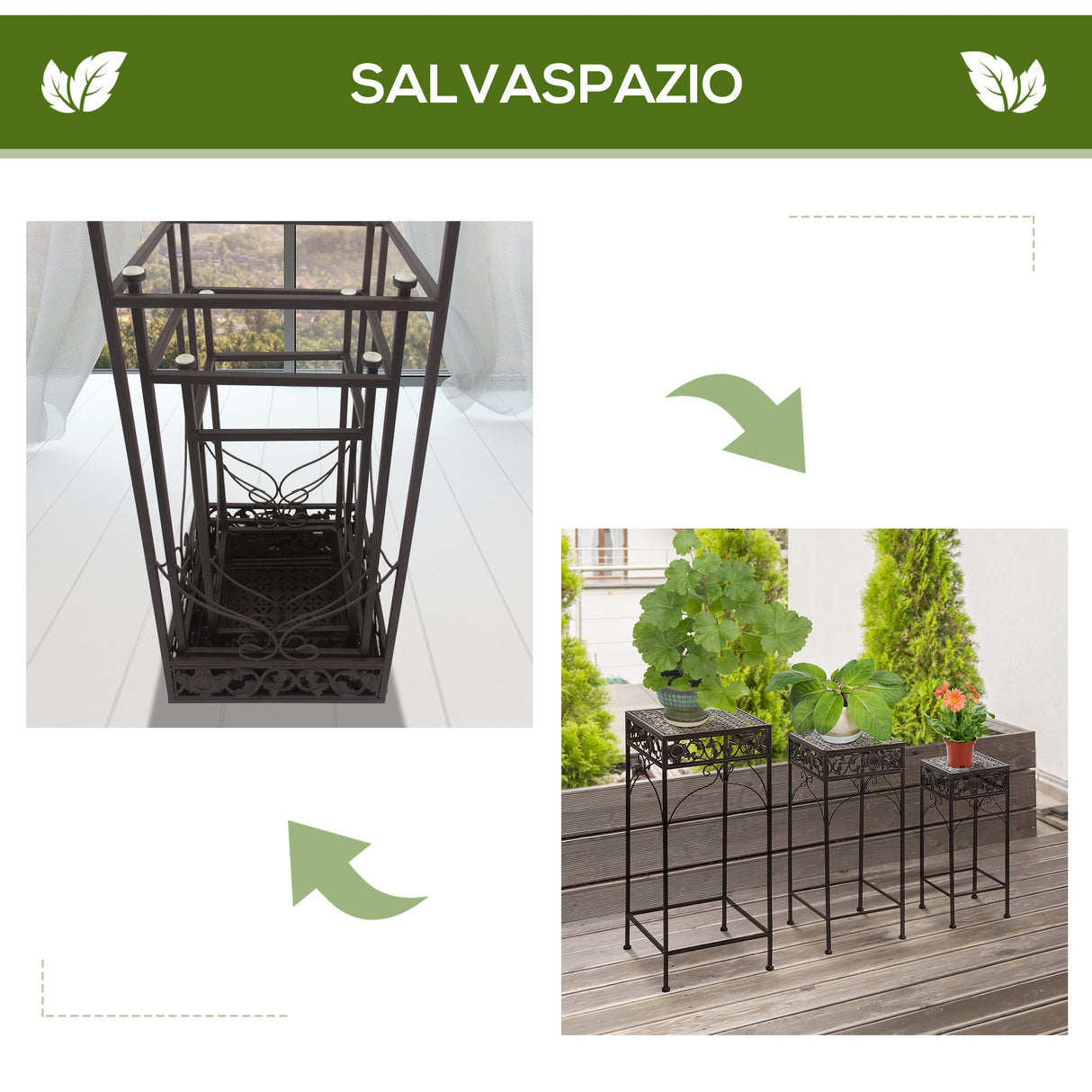 easycomfort easycomfort set 3 pezzi piedistallo porta piante in ferro battuto marrone