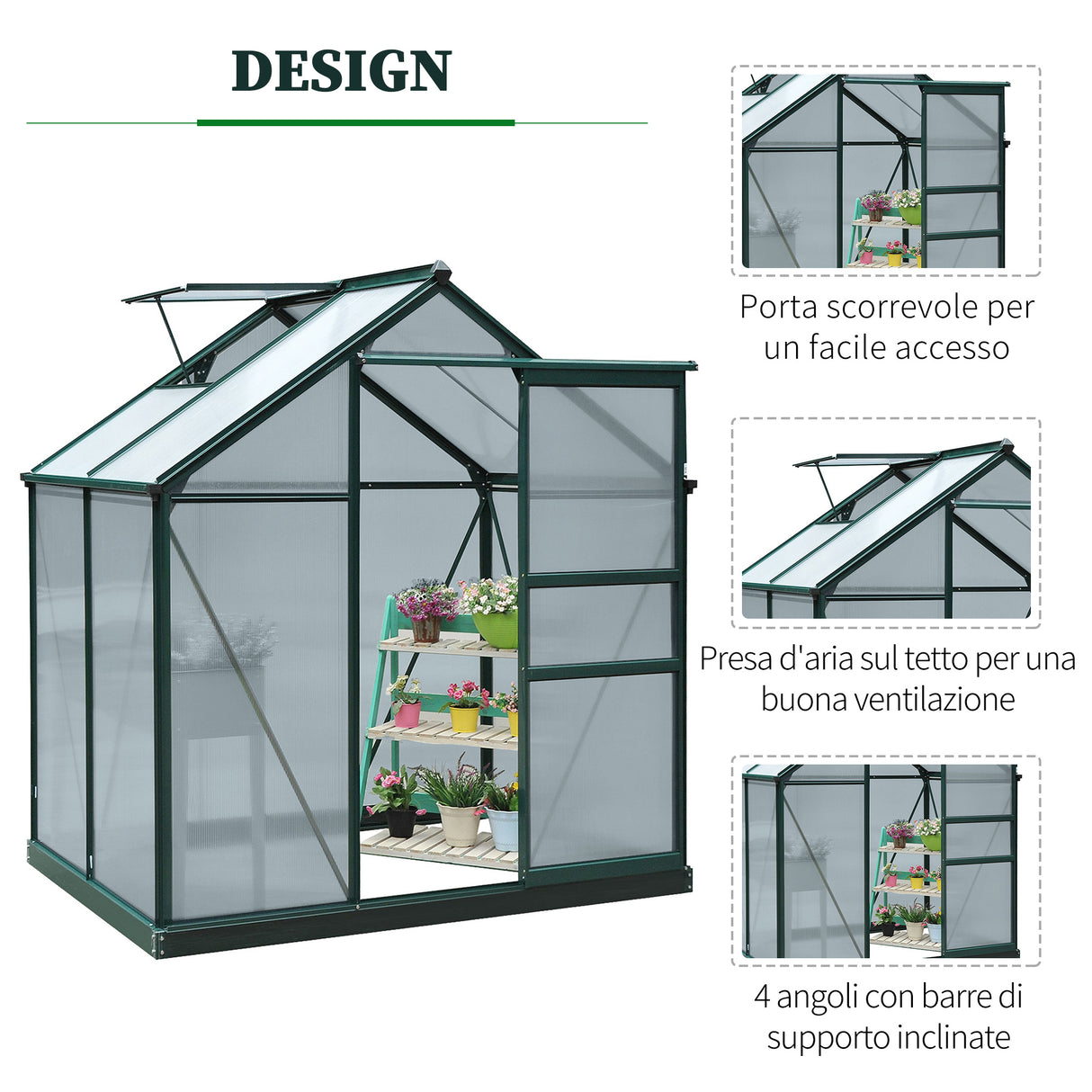 easycomfort serra da giardino in policarbonato anti uv con finestra e porta scorrevole 190x132x201cm