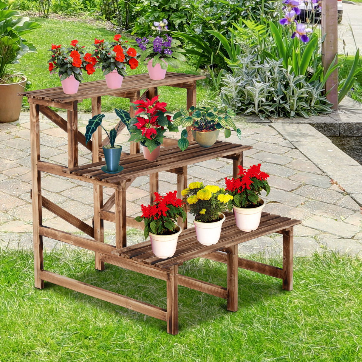 easycomfort easycomfort scaletta fioriera portavasi da giardino a 3 ripiani in legno di abete 80x80x80cm
