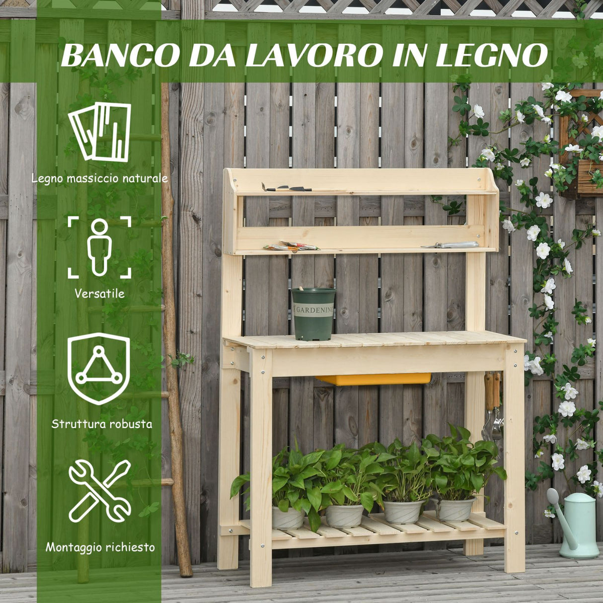 easycomfort banco da lavoro per giardinaggio in legno naturale con vaschetta integrata mensole e ganci 100x40x140cm