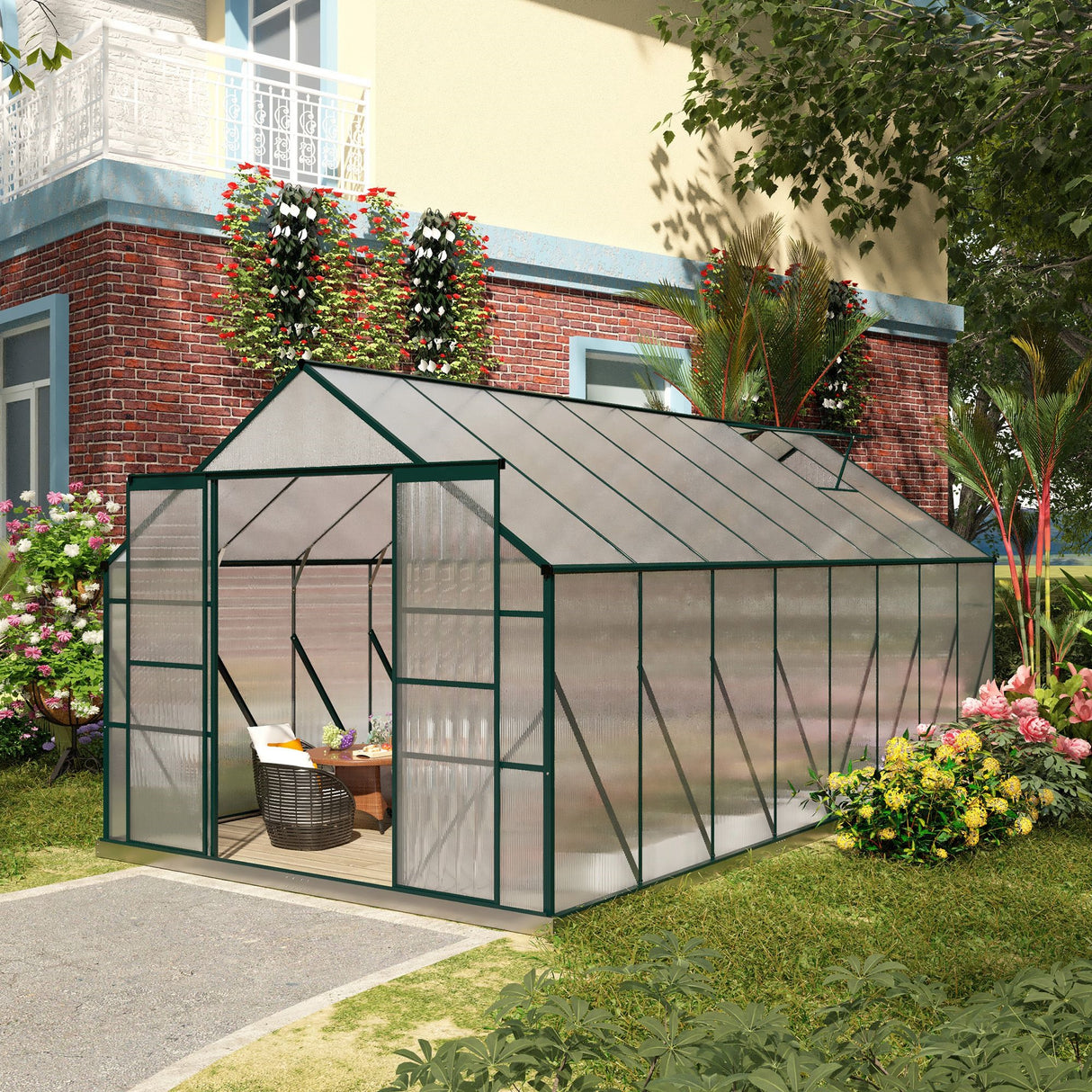 easycomfort serra da giardino in policarbonato metallo e alluminio anti uv e antivento 244x500x216cm verde