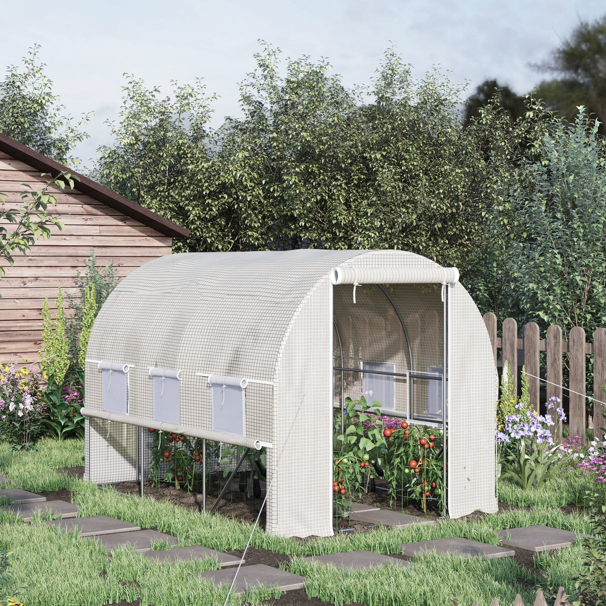 easycomfort serra per orto 3x2x2m in acciaio e copertura pe porte con zip e finestre a rete bianca