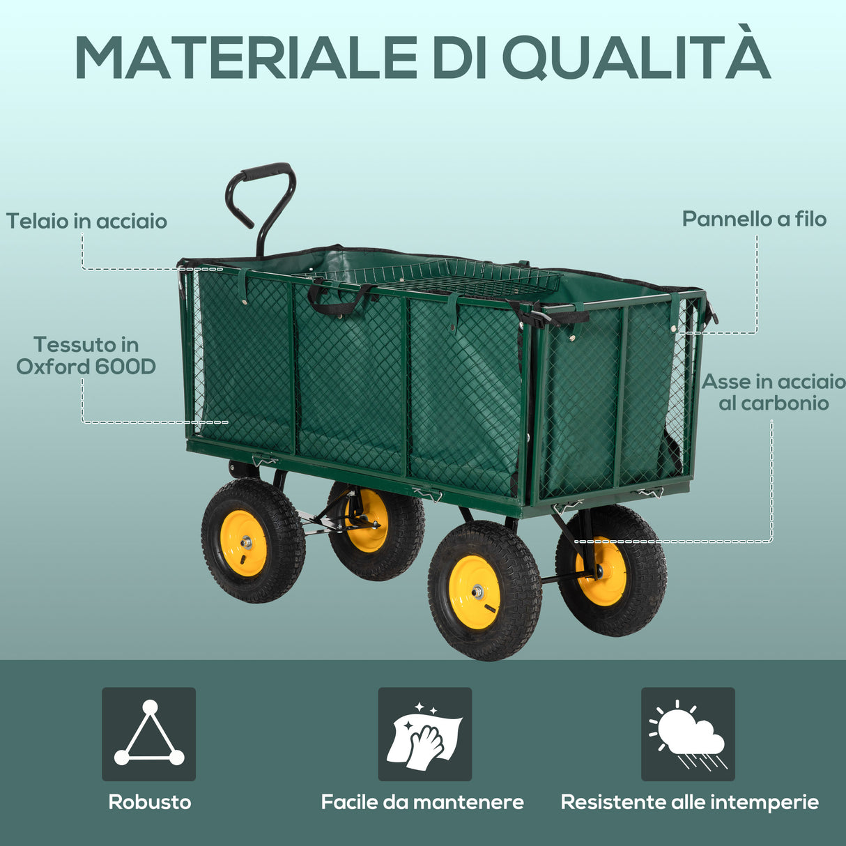 easycomfort carrello da giardino in acciaio con pareti laterali ribaltabili e 4 ruote capienza 342l verde