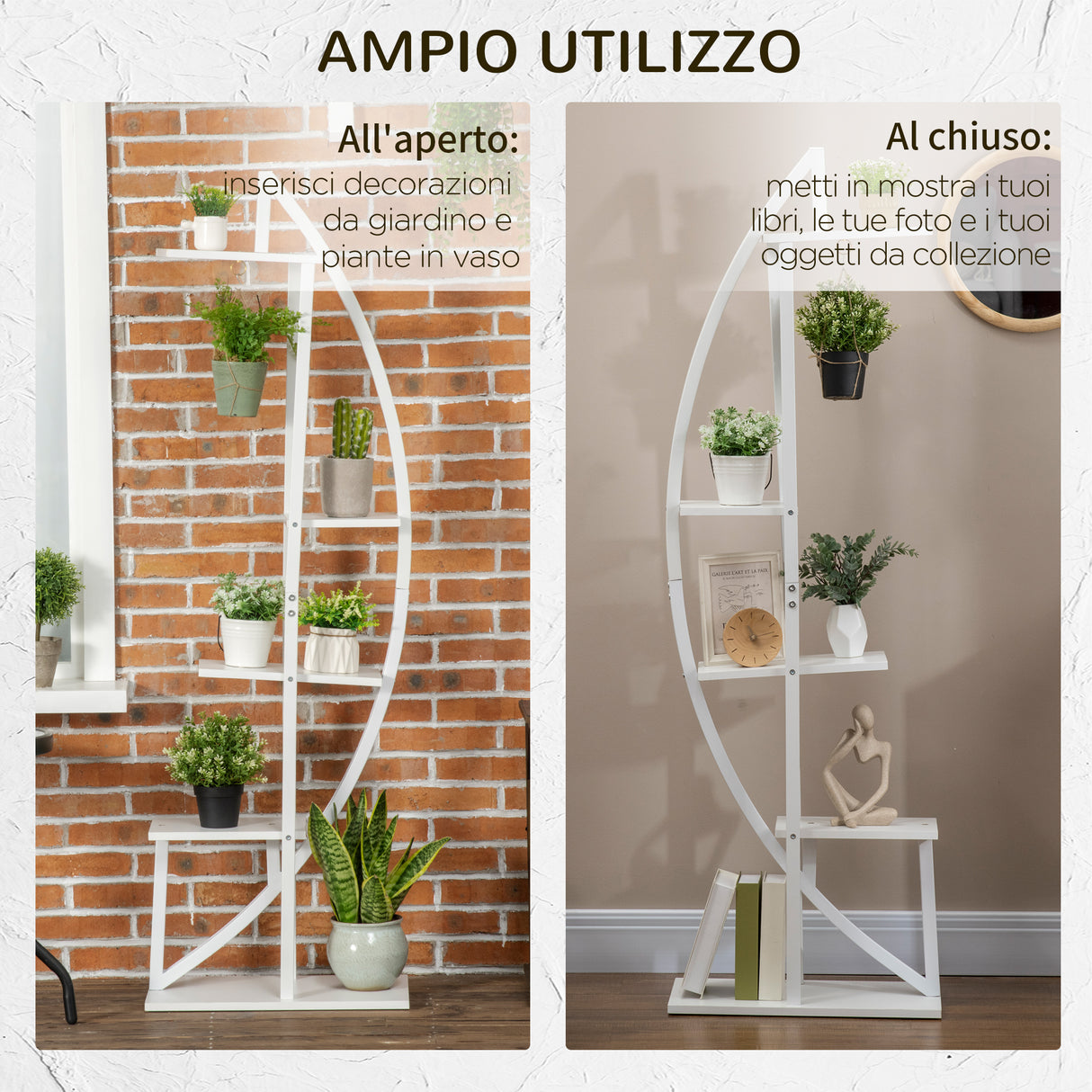 easycomfort portafiori a 5 livelli a mezzaluna per interni ed esterni in mdf e acciaio 50x30x160 cm bianco