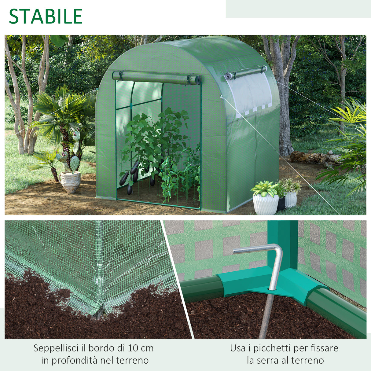 easycomfort serra da giardino a tunnel con porte e finestre avvolgibili in pe verde 180x180x200cm