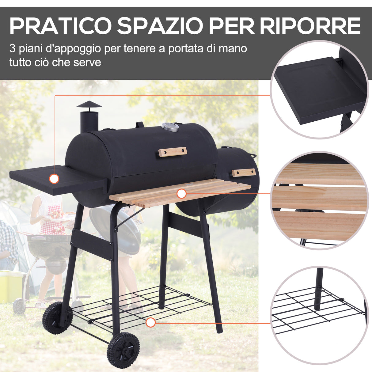 easycomfort easycomfort barbecue a carbone con coperchio e affumicatore bbq da giardino con ripiani e ruote 124x53x104 cm nero