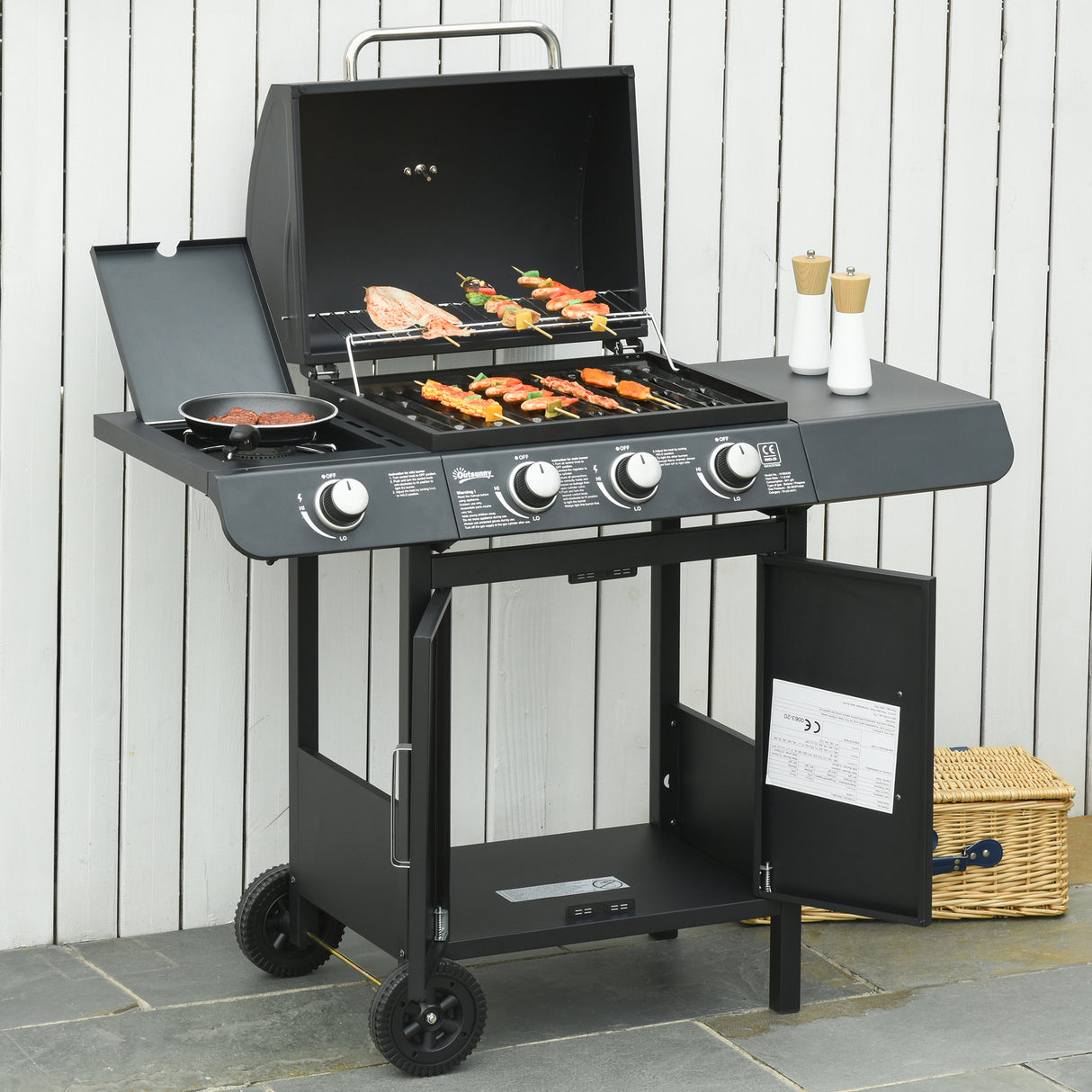 easycomfort barbecue a gas con coperchio 4 bruciatori da 11.6kw fornello mensola e 2 ruote 110x50x100cm nero