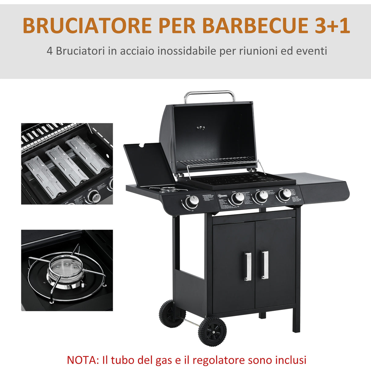 easycomfort barbecue a gas con coperchio 4 bruciatori da 11.6kw fornello mensola e 2 ruote 110x50x100cm nero