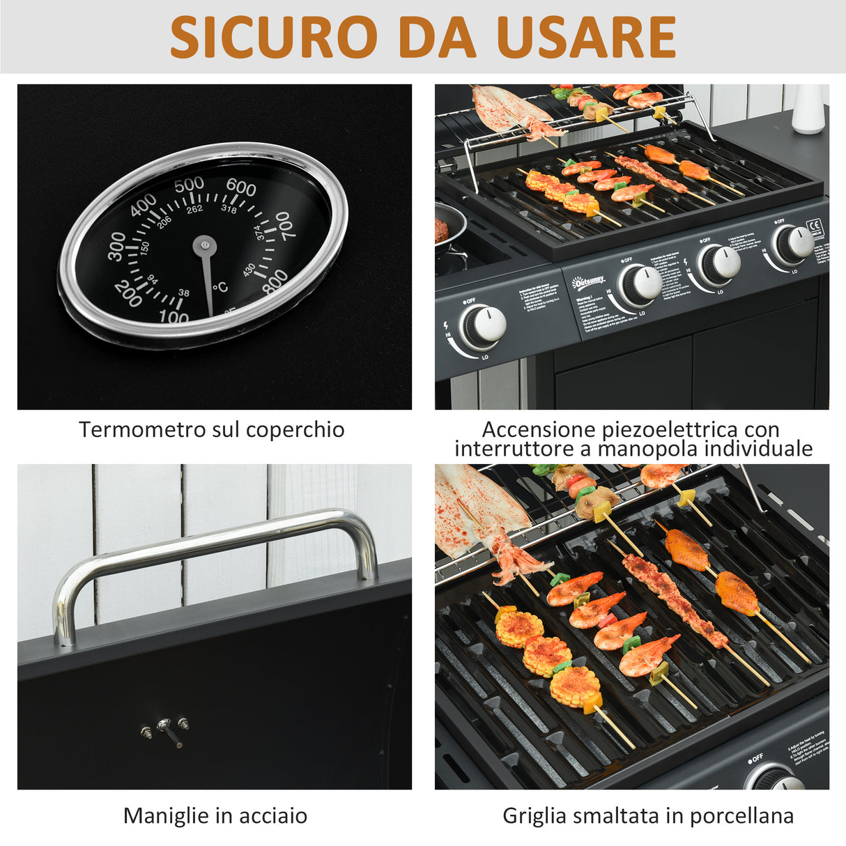easycomfort barbecue a gas con coperchio 4 bruciatori da 11.6kw fornello mensola e 2 ruote 110x50x100cm nero