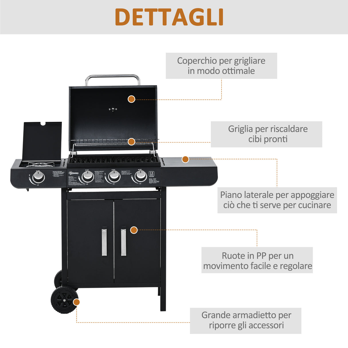 easycomfort barbecue a gas con coperchio 4 bruciatori da 11.6kw fornello mensola e 2 ruote 110x50x100cm nero