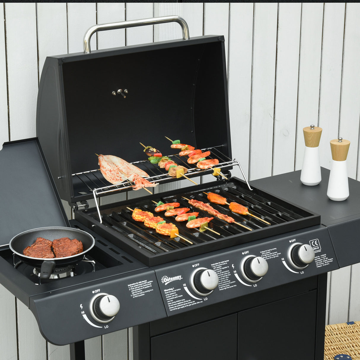 easycomfort barbecue a gas con coperchio 4 bruciatori da 11.6kw fornello mensola e 2 ruote 110x50x100cm nero