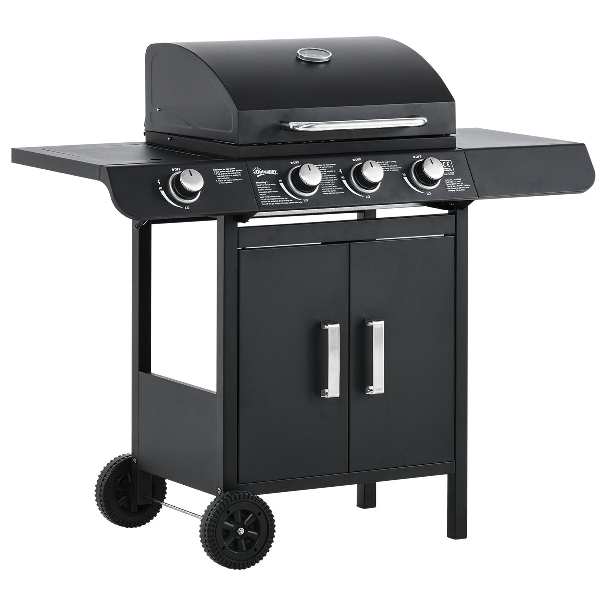 easycomfort barbecue a gas con coperchio 4 bruciatori da 11.6kw fornello mensola e 2 ruote 110x50x100cm nero