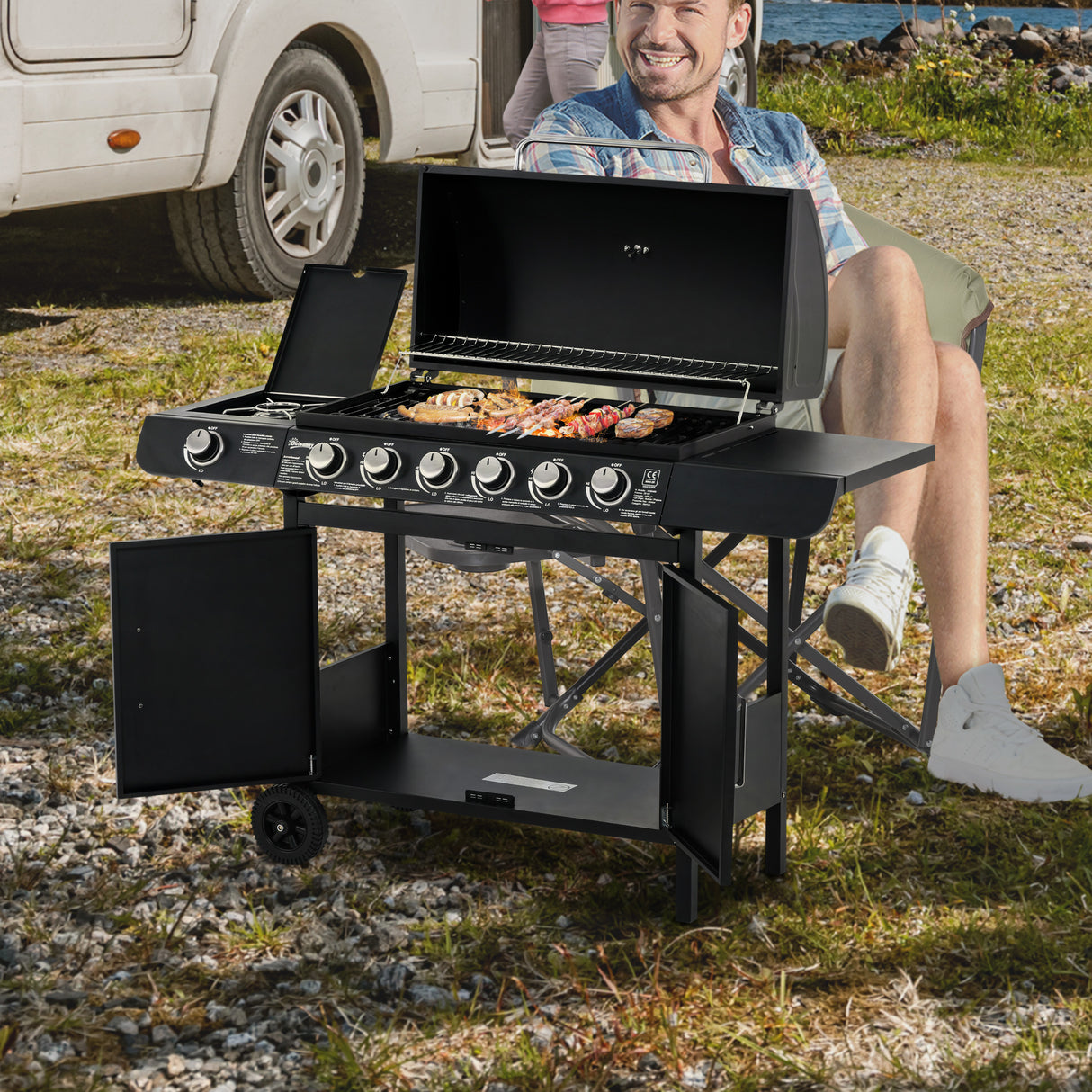 easycomfort easycomfort barbecue a gas con coperchio 7 bruciatori da 20kw fornello laterale e 2 ruote 135x50x100cm nero