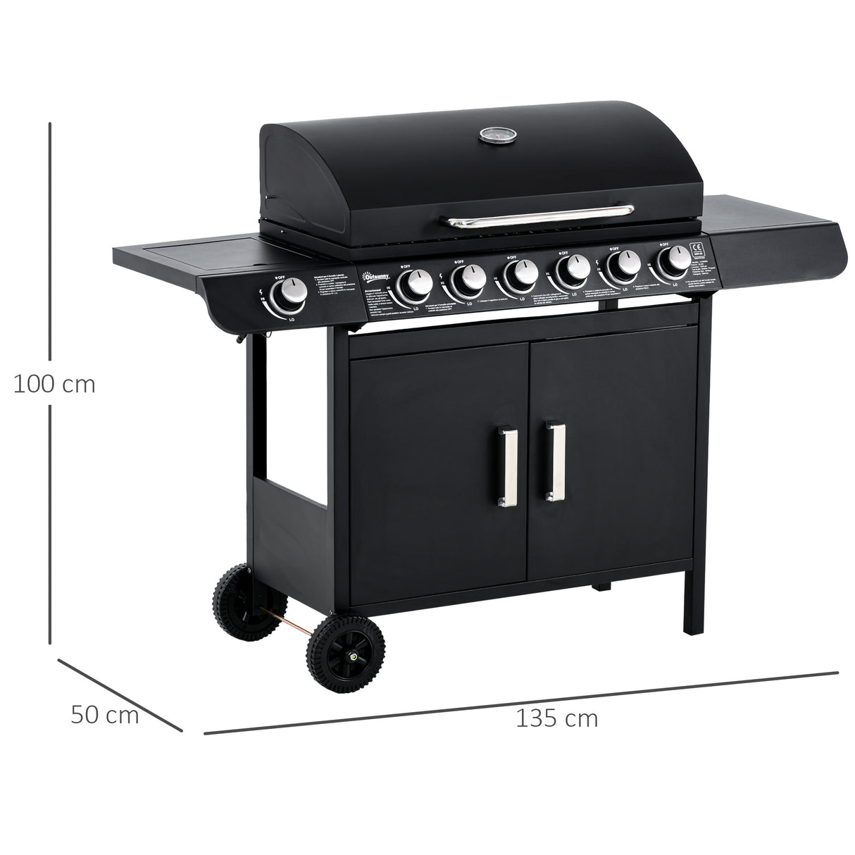 easycomfort easycomfort barbecue a gas con coperchio 7 bruciatori da 20kw fornello laterale e 2 ruote 135x50x100cm nero