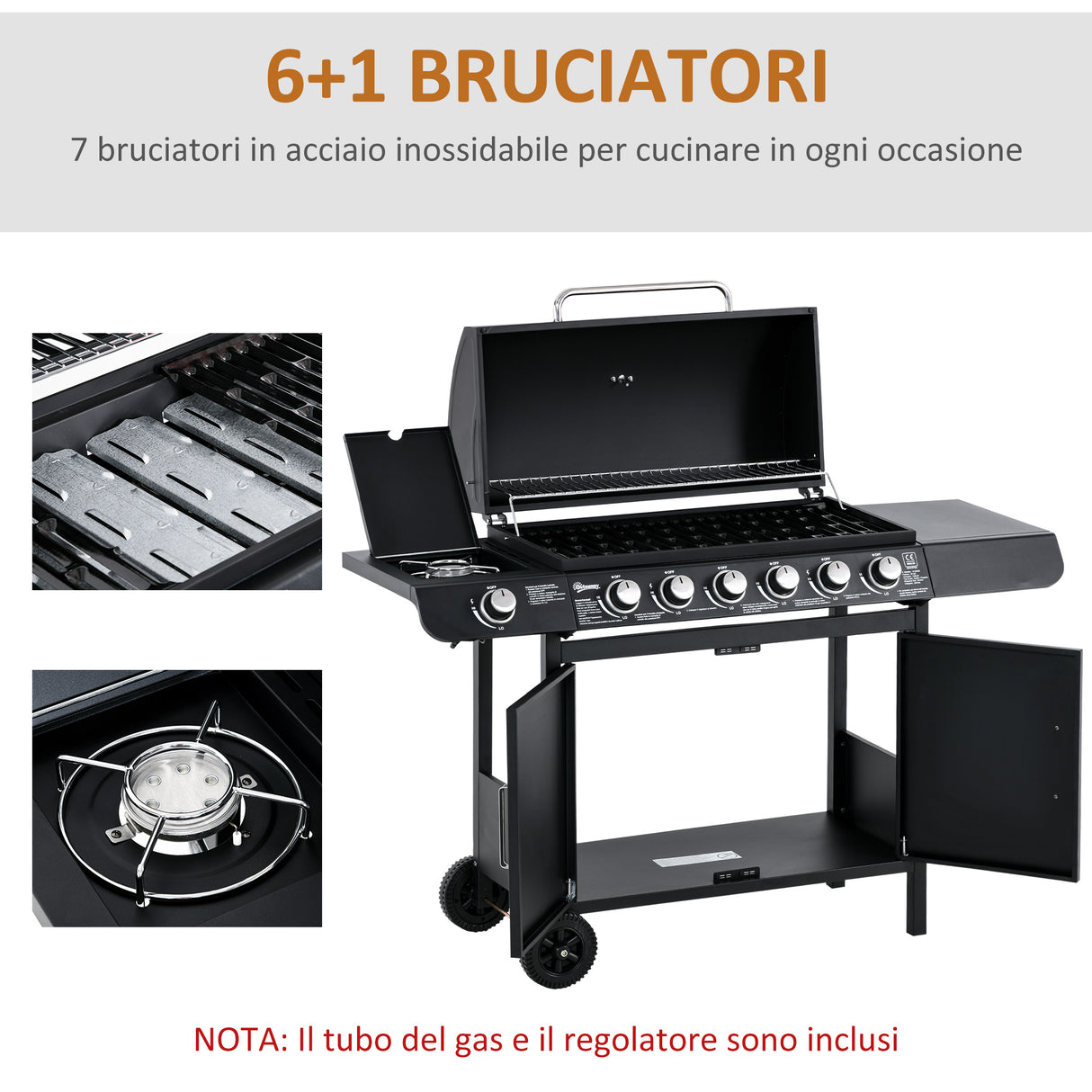 easycomfort easycomfort barbecue a gas con coperchio 7 bruciatori da 20kw fornello laterale e 2 ruote 135x50x100cm nero