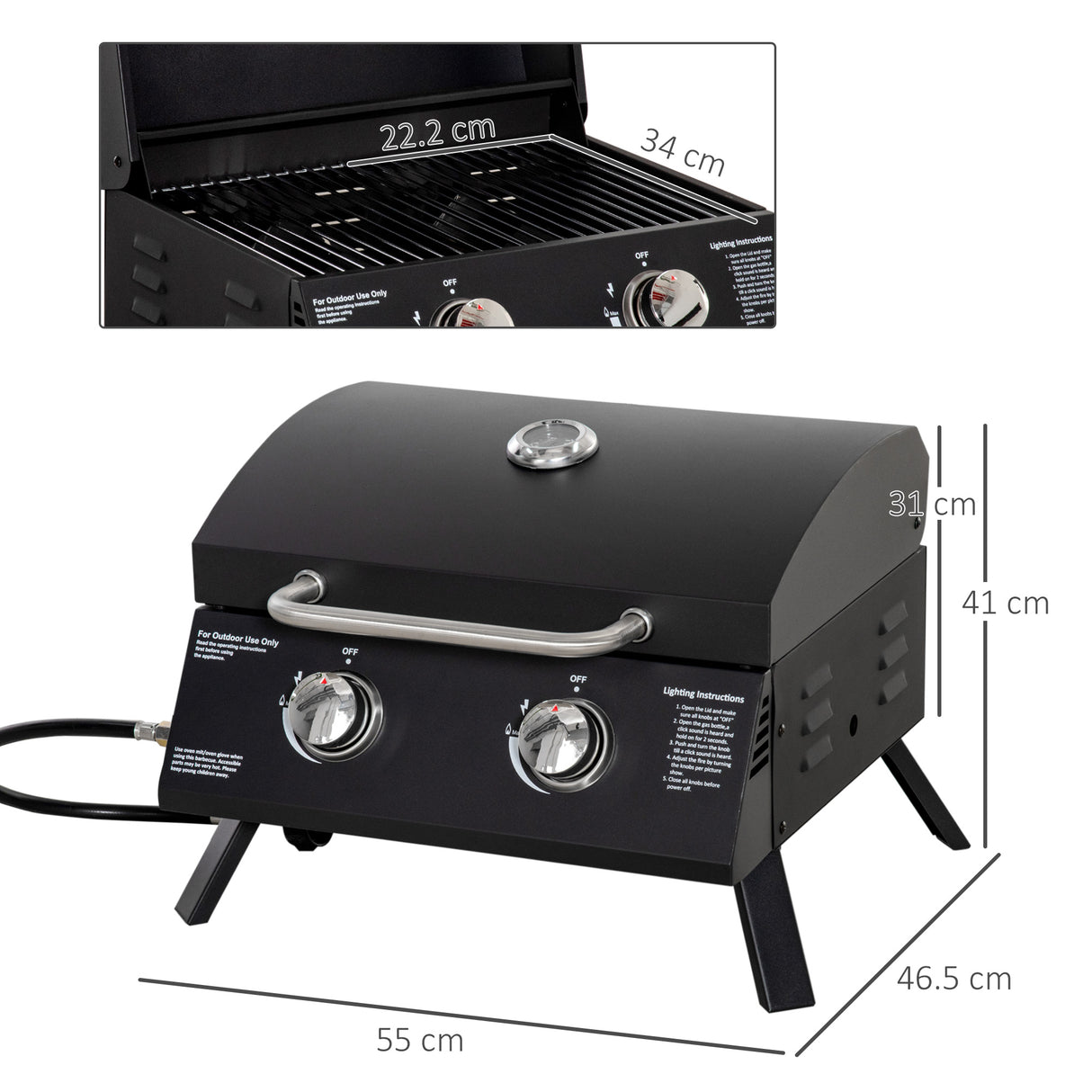 easycomfort barbecue a gas pieghevole con coperchio termometro e 2 bruciatori in acciaio 55x46.5x41cm nero