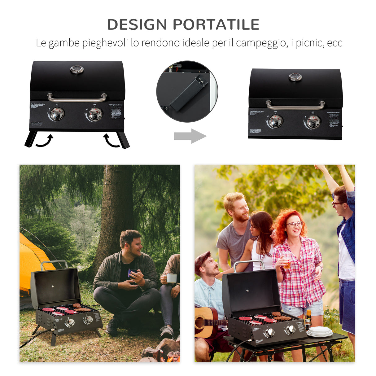 easycomfort barbecue a gas pieghevole con coperchio termometro e 2 bruciatori in acciaio 55x46.5x41cm nero