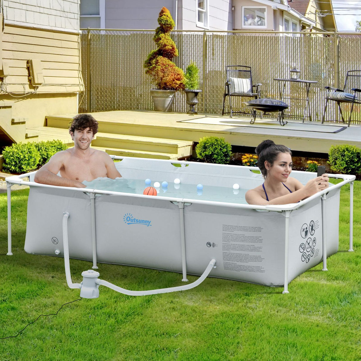 easycomfort piscina fuoriterra autoportante piscina rigida rettangolare con filtro e valvola in acciaio e pvc grigio 252x152x65cm
