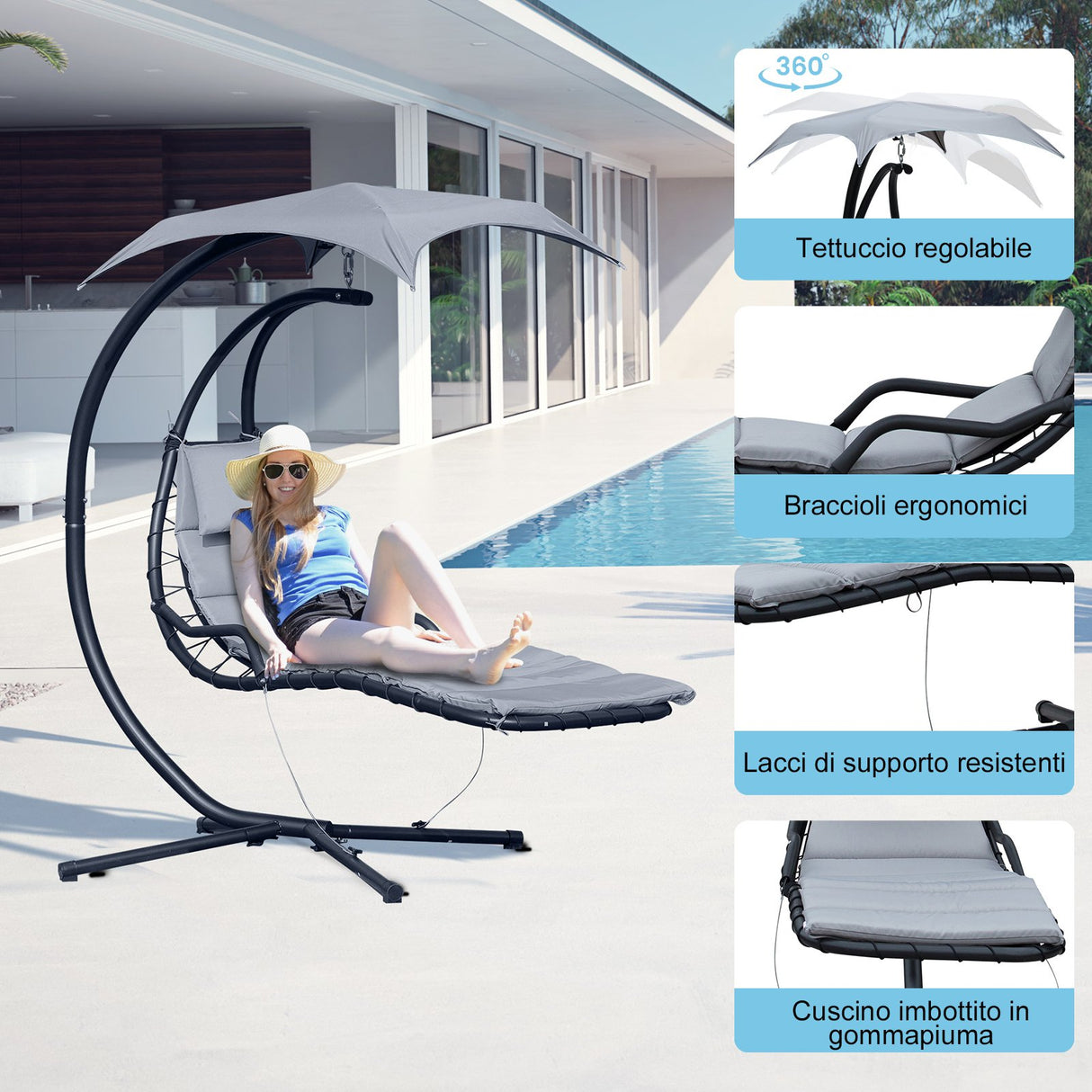 easycomfort easycomfort sdraio da giardino a dondolo relax chaise longue di lusso con tettuccio grigio