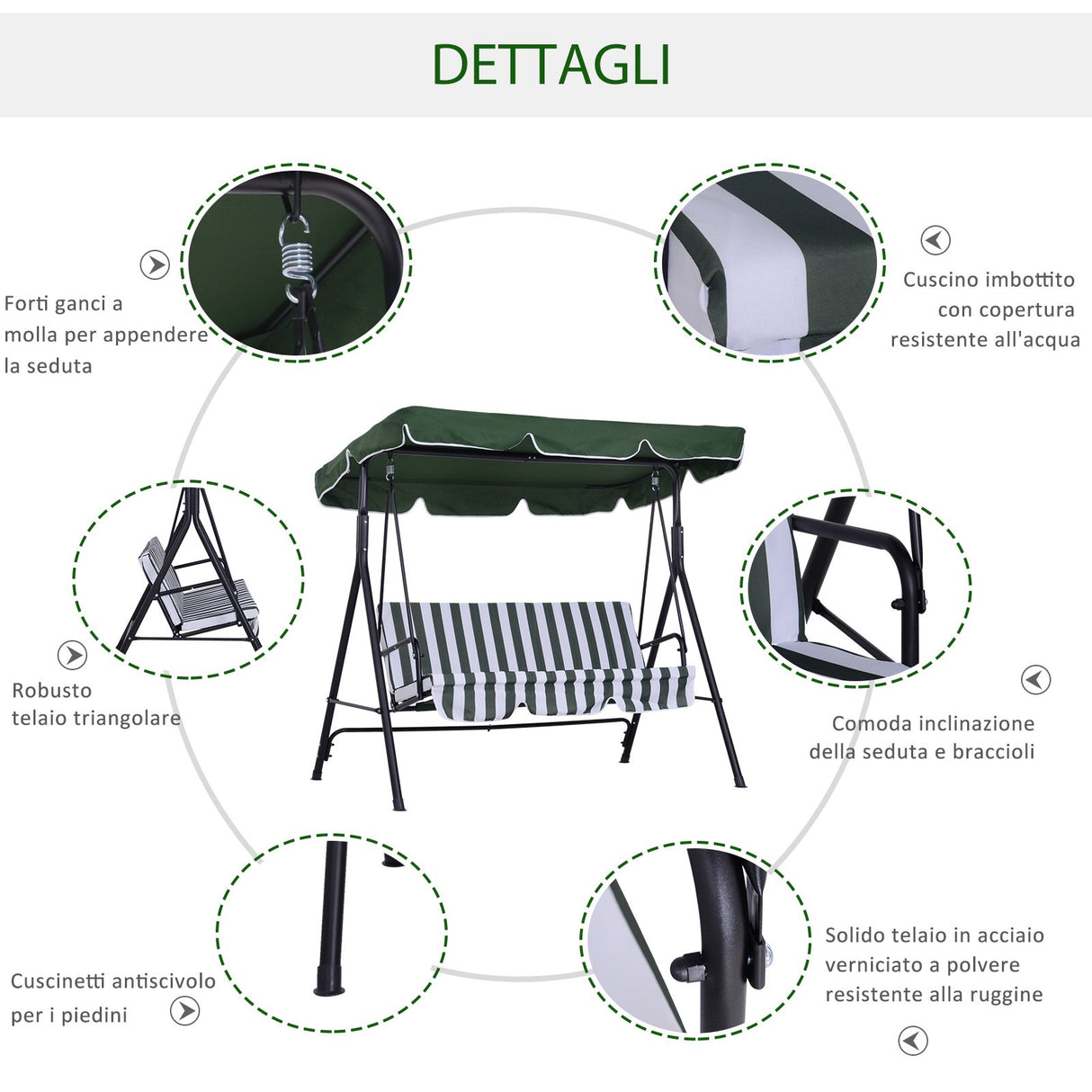 easycomfort easycomfort dondolo da giardino 3 posti con tetto e struttura in acciaio a righe verde e bianco
