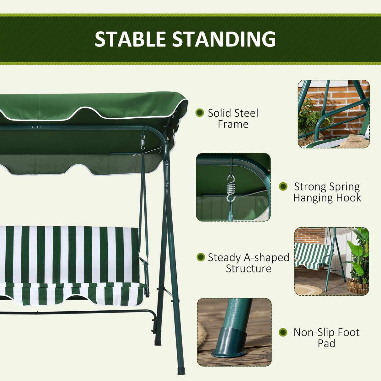 easycomfort easycomfort dondolo da giardino 3 posti in acciaio e teslin con tetto parasole 172x110x153 cm bianco e verde