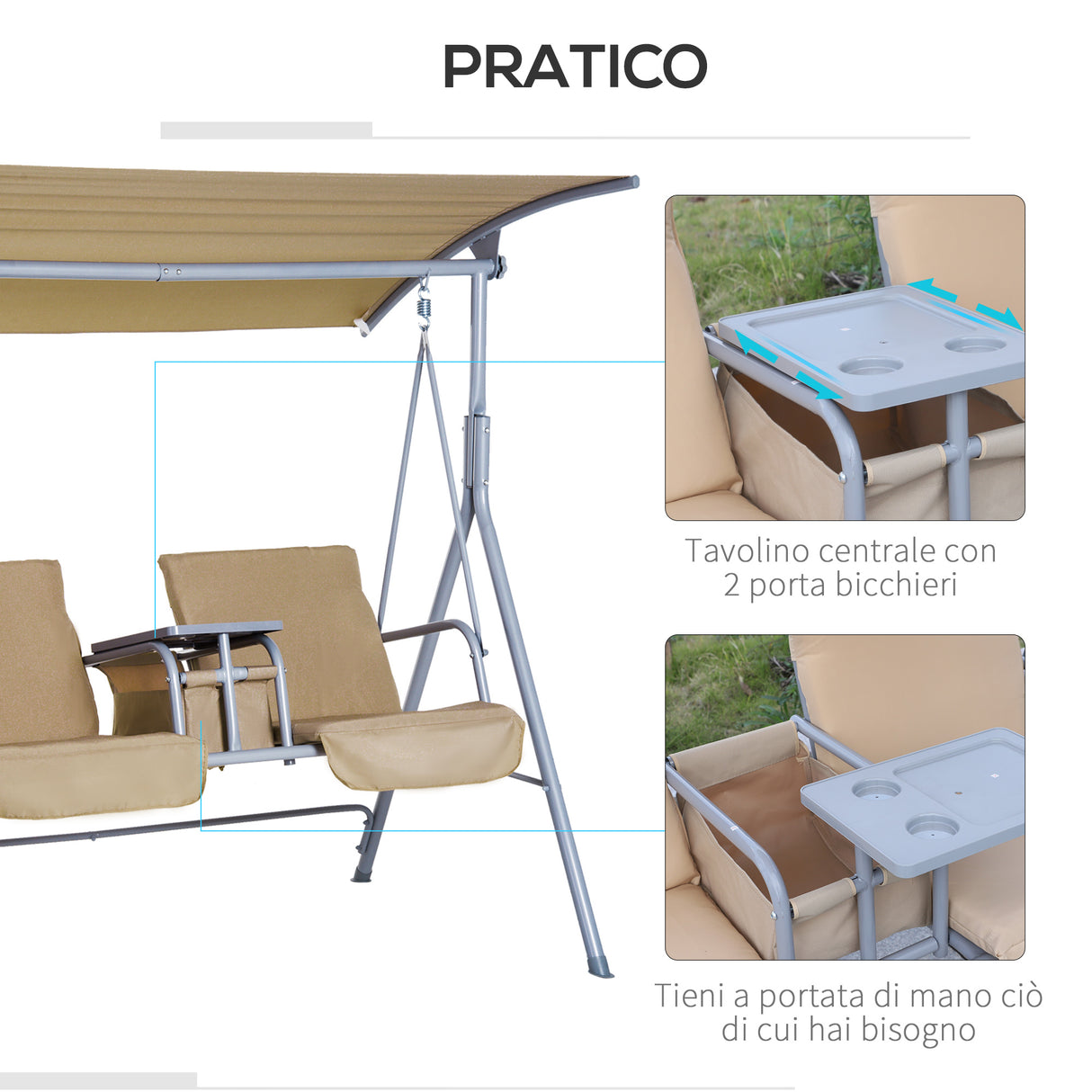 easycomfort dondolo da giardino 2 posti separati con tavolino e tetto regolabile in metallo 175x112x165cm beige