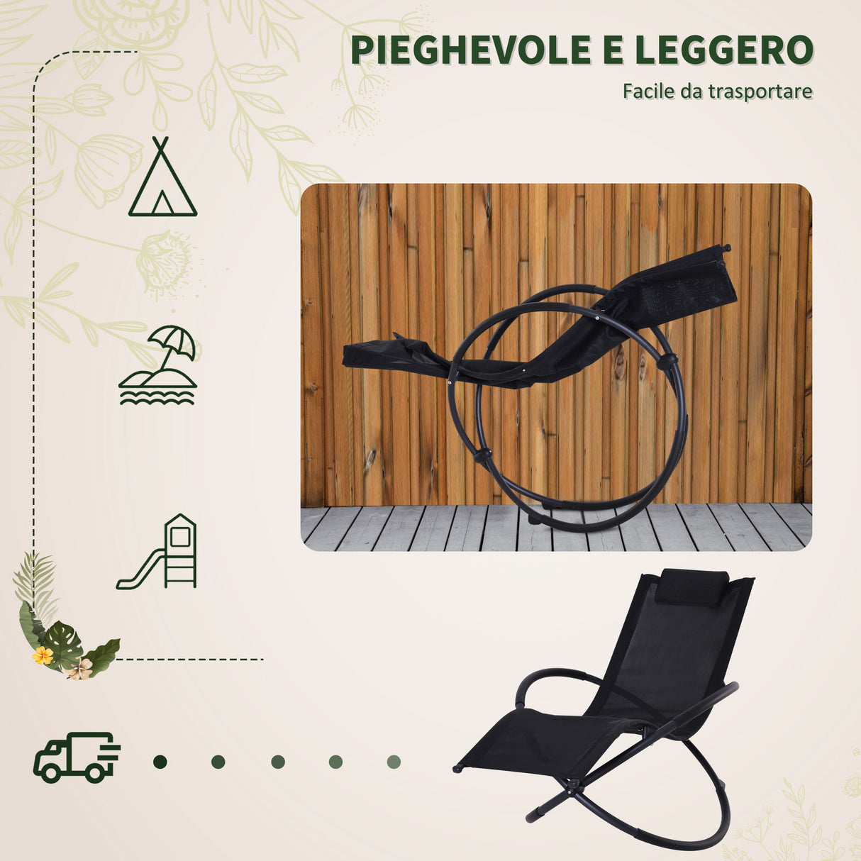 easycomfort easycomfort sedia a dondolo moderna in textilene nero 154x80x84cm