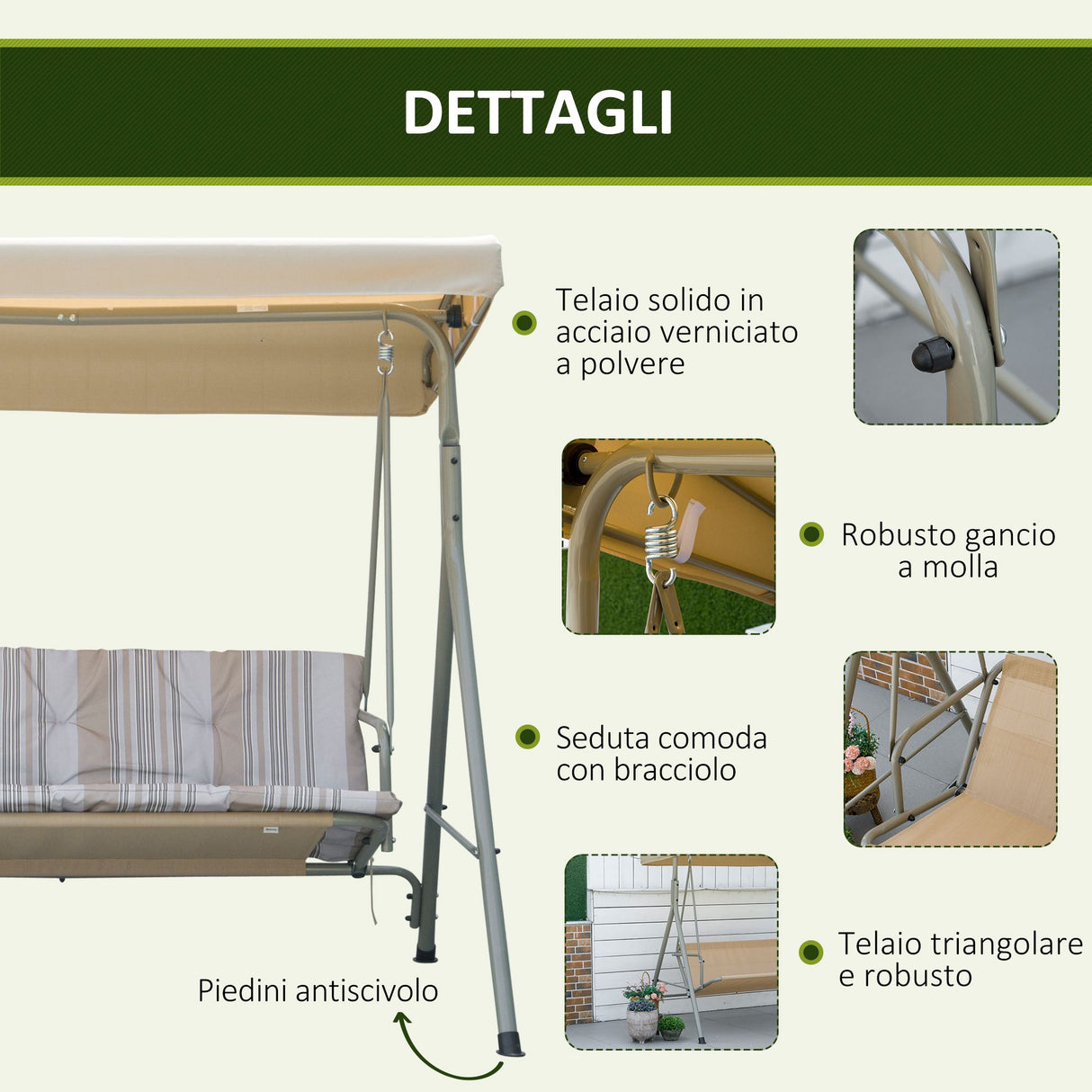 easycomfort easycomfort dondolo da giardino 3 posti in acciaio con tetto regolabile cuscini e braccioli 172x110x156cm