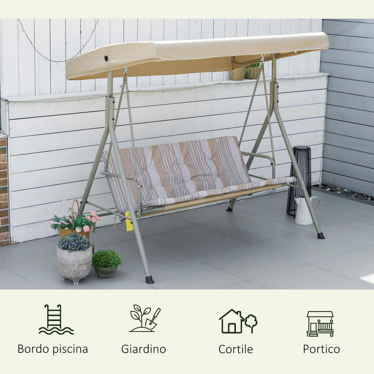 easycomfort easycomfort dondolo da giardino 3 posti in acciaio con tetto regolabile cuscini e braccioli 172x110x156cm