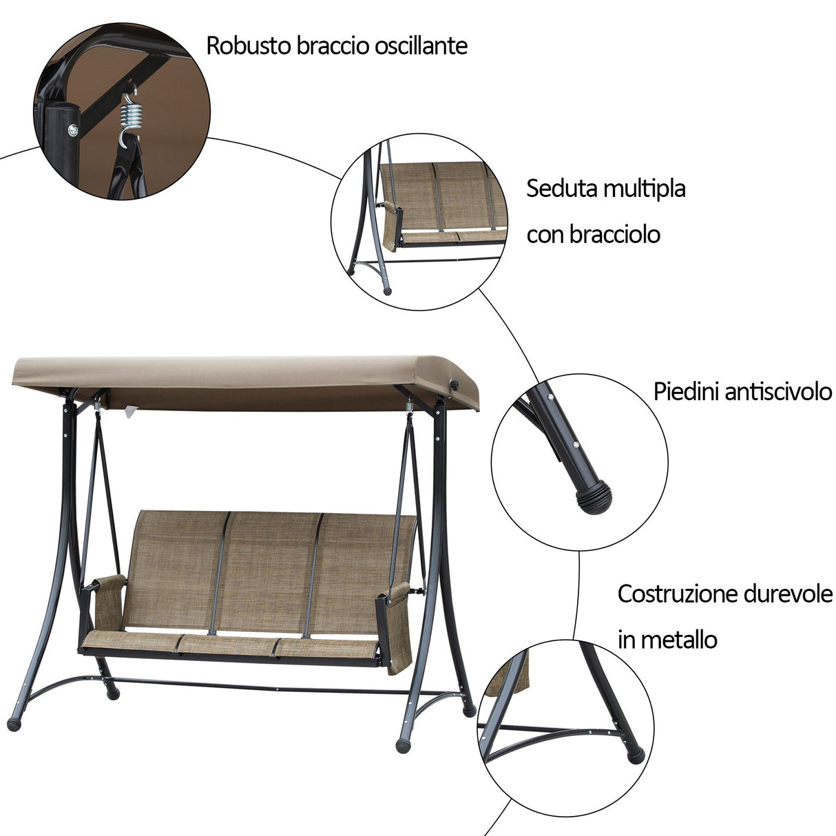 easycomfort easycomfort dondolo da giardino 3 posti tettuccio e tasche portaoggetti marrone