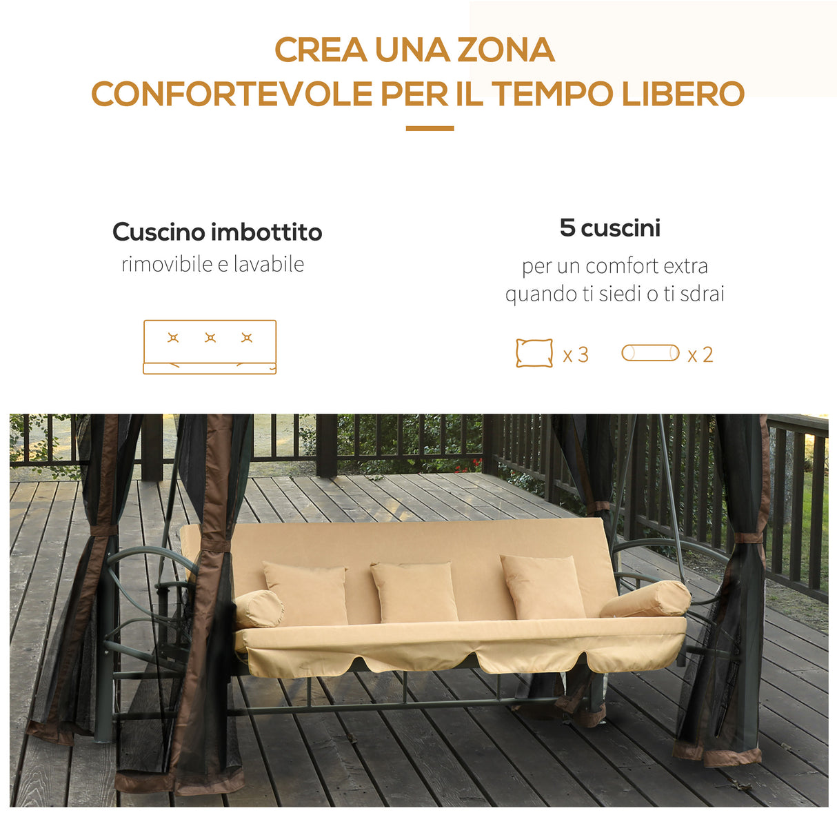 easycomfort easycomfort dondolo 3 posti da giardino convertibile in lettino con gazebo con zanzariera e cuscini 257x175x240cm cachi