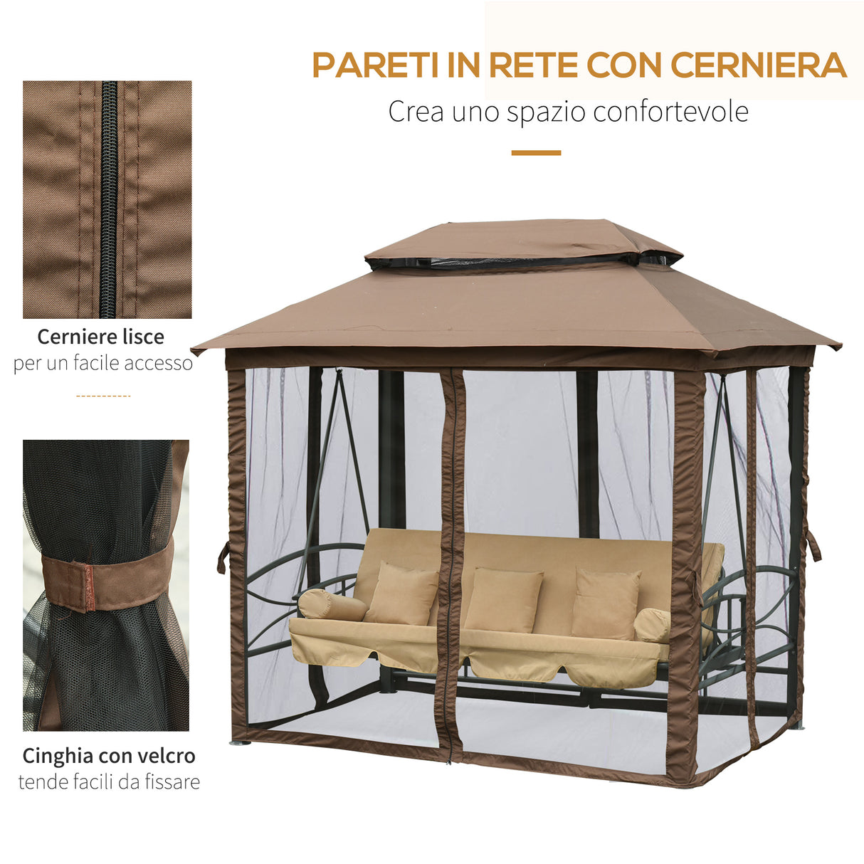 easycomfort easycomfort dondolo 3 posti da giardino convertibile in lettino con gazebo con zanzariera e cuscini 257x175x240cm cachi