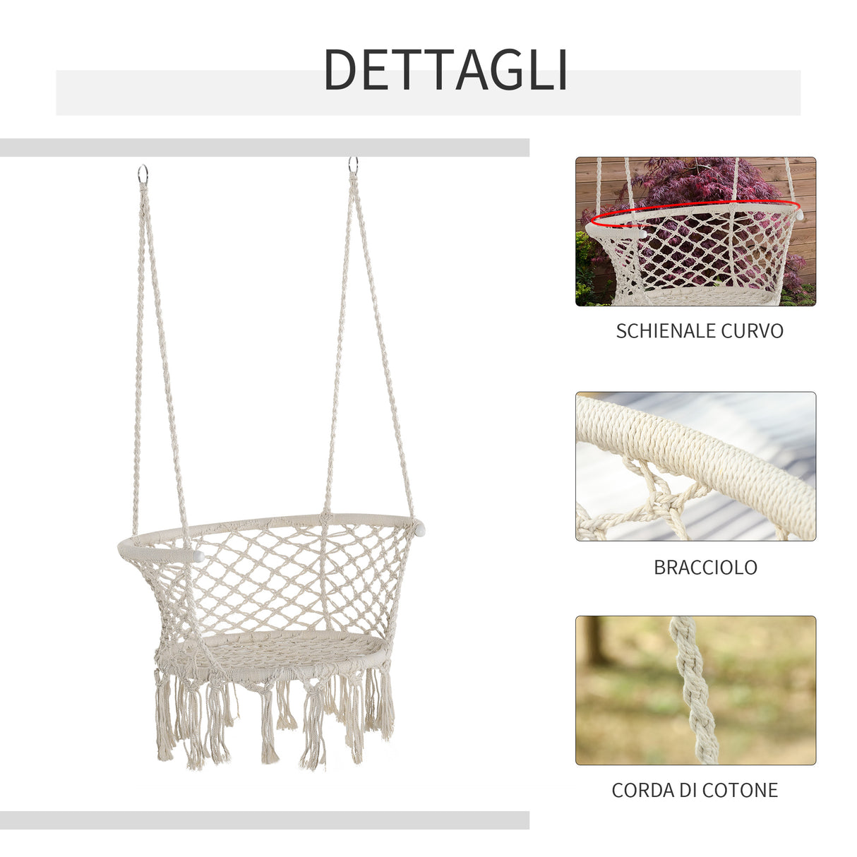 easycomfort sedia sospesa in poliestere e macrame per interni ed esterni crema