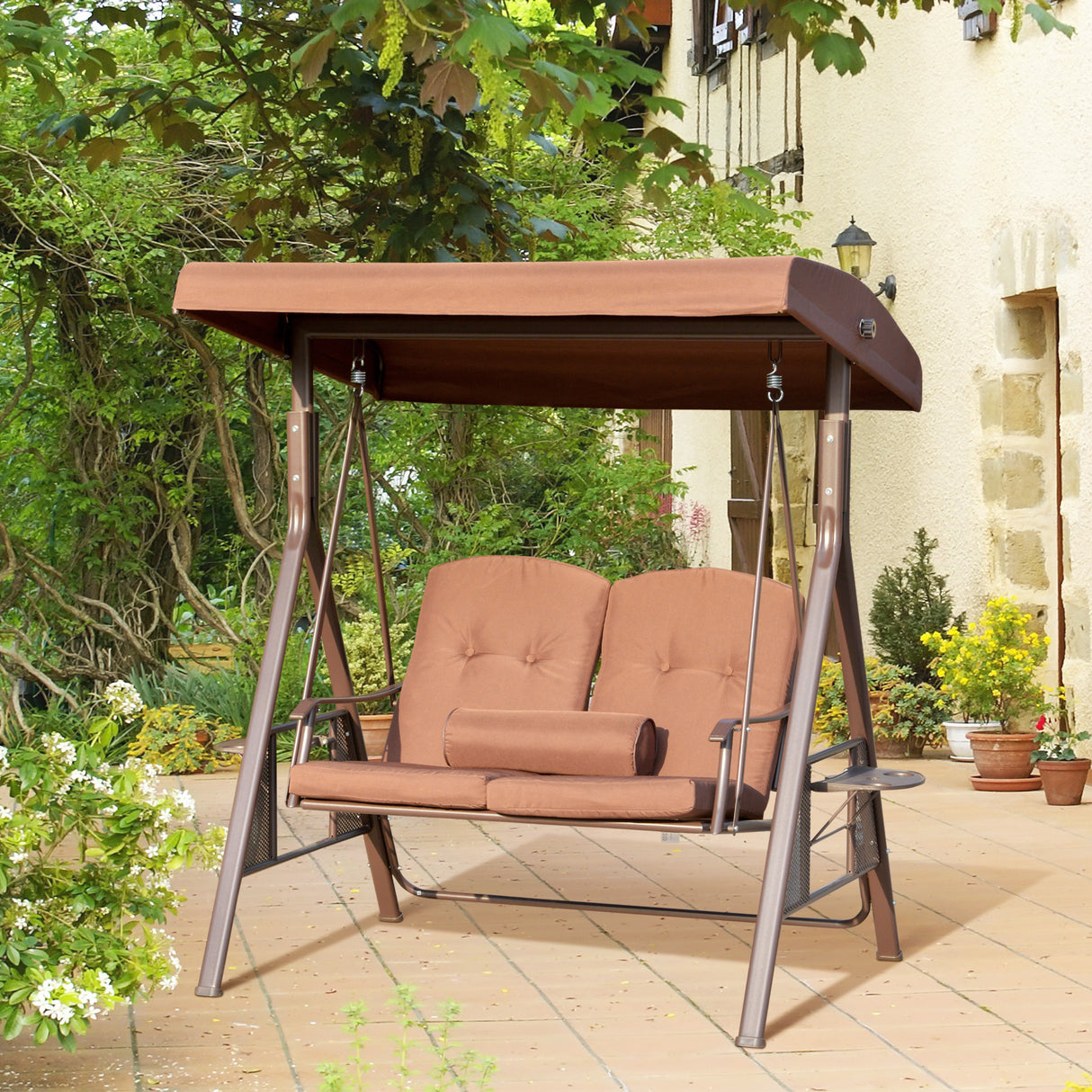 easycomfort dondolo da giardino 2 posti con tettuccio regolabile e porta bicchieri 157x118x180 cm marrone