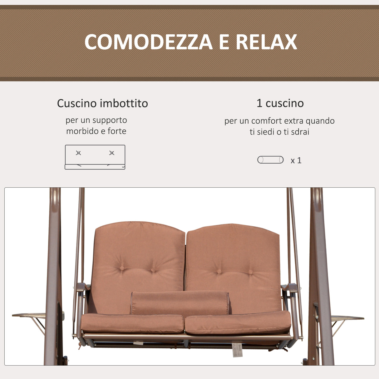 easycomfort dondolo da giardino 2 posti con tettuccio regolabile e porta bicchieri 157x118x180 cm marrone